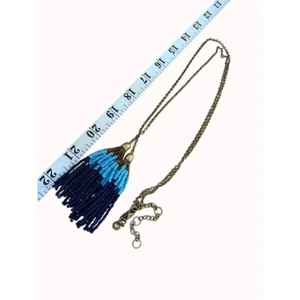 J. Crew‎ Long Beaded Tassel Necklace With Blue & Turquoise Beads On Brass Chain